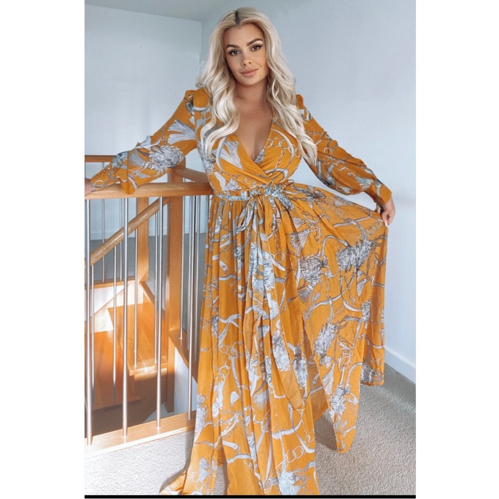 Elegant Floral Wrap Dress in Orangey and Gray